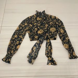 misha collection sheer shirred mockneck floral blouse